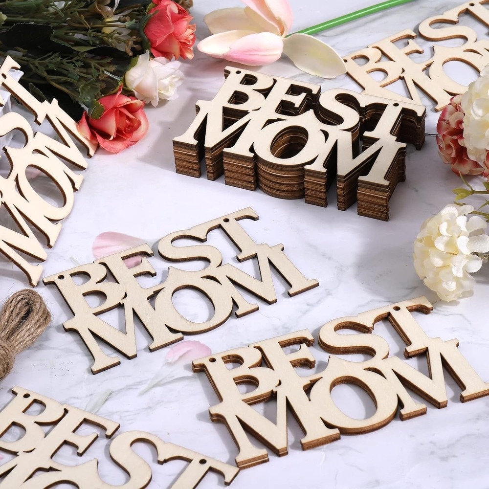 20Pcs AIERSA Best Mom Unfinished Wood Crafts Mothers Day DIY Gift Tags Twine